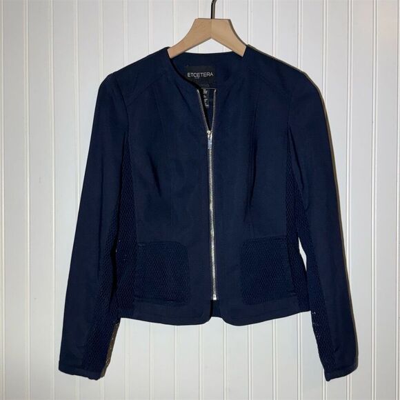 ETCETERA Navy Blue Moto Blazer Jacket Edgy Mesh Panels, Zip Front, Belted Back 2 - Picture 1 of 8